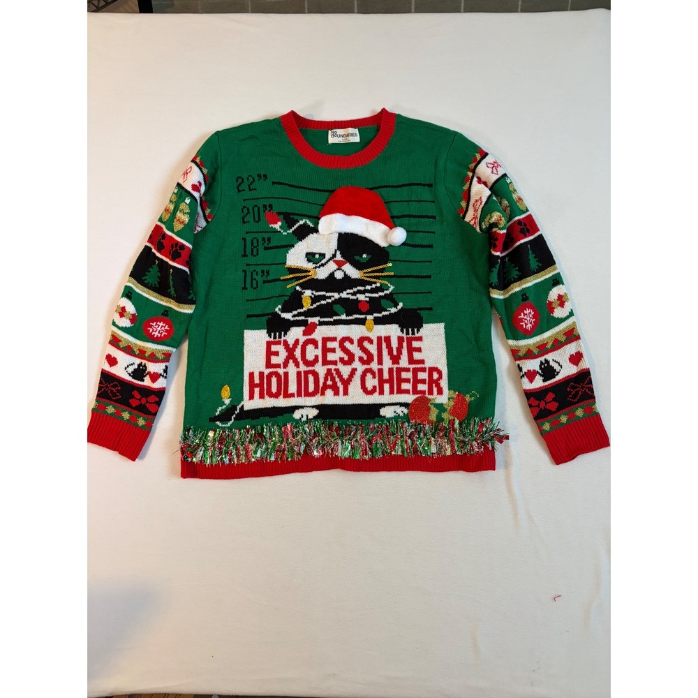 No Boundaries Grumpy Cat Excessive Holiday Cheer Christmas Sweater Green XL NEW